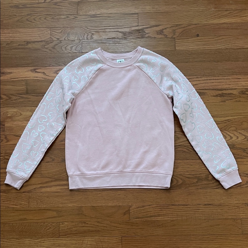 Athletic Works girls pink w/ silver hearts crew neck sweatshirt XL 14/16